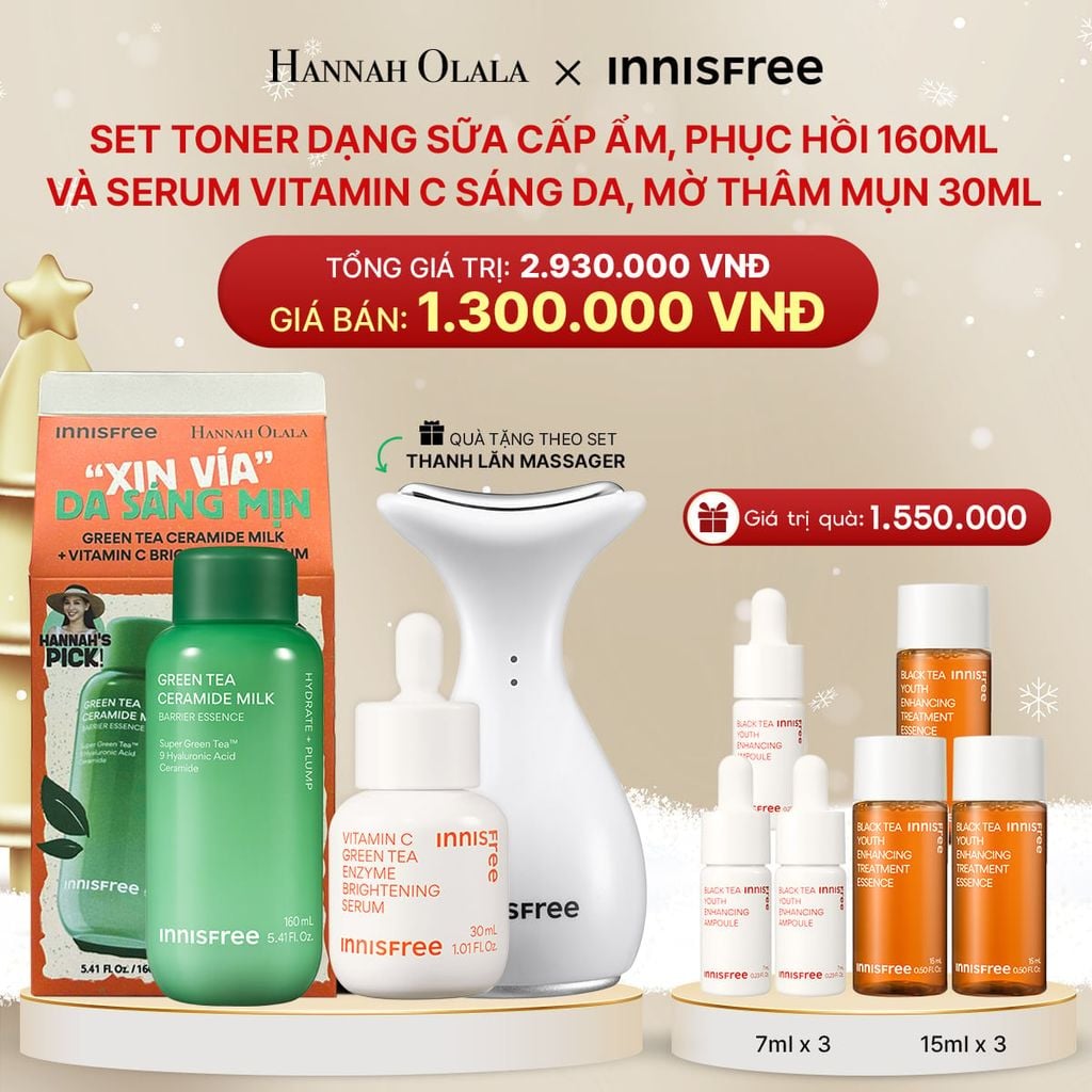  DEAL 1: SET TONER DẠNG SỮA CẤP ẨM, PHỤC HỒI INNISFREE GREEN TEA CERAMIDE MILK 160ML VÀ SERUM VITAMIN C SÁNG DA, MỜ THÂM MỤN INNISFREE GREEN TEA ENZYME BRIGHTENING SERUM 30ML 