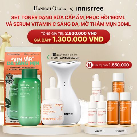  DEAL 1: SET TONER DẠNG SỮA CẤP ẨM, PHỤC HỒI INNISFREE GREEN TEA CERAMIDE MILK 160ML VÀ SERUM VITAMIN C SÁNG DA, MỜ THÂM MỤN INNISFREE GREEN TEA ENZYME BRIGHTENING SERUM 30ML 