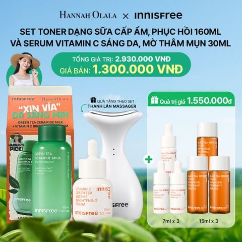  DEAL 1: SET TONER DẠNG SỮA CẤP ẨM, PHỤC HỒI INNISFREE GREEN TEA CERAMIDE MILK 160ML VÀ SERUM VITAMIN C SÁNG DA, MỜ THÂM MỤN INNISFREE GREEN TEA ENZYME BRIGHTENING SERUM 30ML 