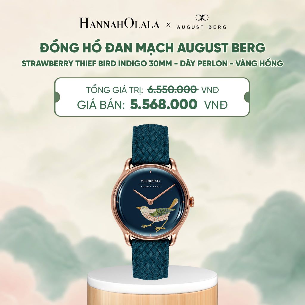 ĐỒNG HỒ ĐAN MẠCH AUGUST BERG X MORRIS & CO. STRAWBERRY THIEF BIRD INDIGO 30MM - DÂY PERLON - VÀNG HỒNG - DEAL 1 - A1805 
