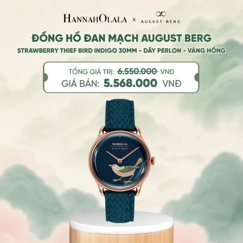  ĐỒNG HỒ ĐAN MẠCH AUGUST BERG X MORRIS & CO. STRAWBERRY THIEF BIRD INDIGO 30MM - DÂY PERLON - VÀNG HỒNG - DEAL 1 - A1805 
