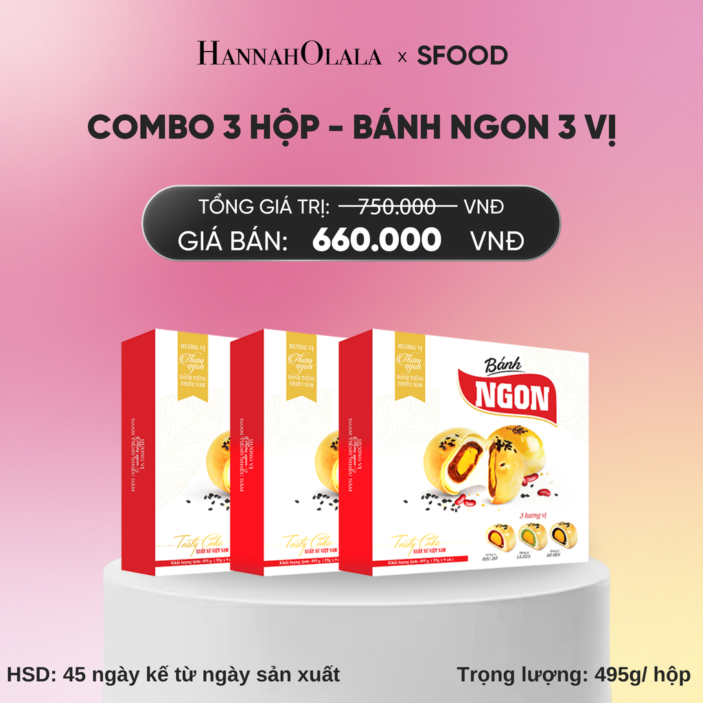  DEAL 1: COMBO 3 HỘP - BÁNH NGON 3 VỊ (ÍT ĐƯỜNG ÍT NGỌT): ĐẬU ĐỎ- LÁ DỨA - MÈ ĐEN_A564 
