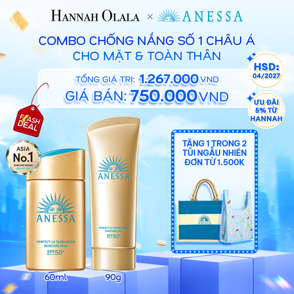  A1: FLASH DEAL 1: COMBO SỮA CHỐNG NẮNG & GEL CHỐNG NẮNG BẢO VỆ HOÀN HẢO CHO MẶT - TOÀN THÂN ANESSA GOLD MILK 60ML + GOLD GEL 90GHSD: 1/4/2027 