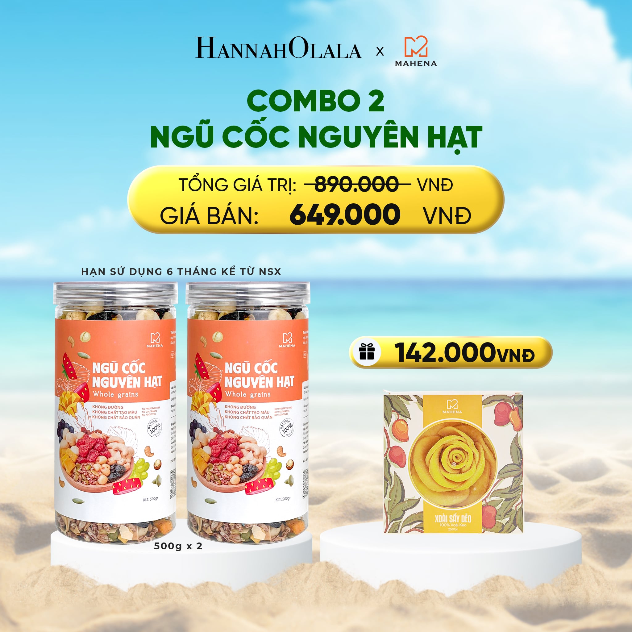 A898_deal 11: combo ngũ cốc nguyên hạt 500g + ngũ cốc nguyên hạt mật hoa dừa 500g + macca sấy 500g
