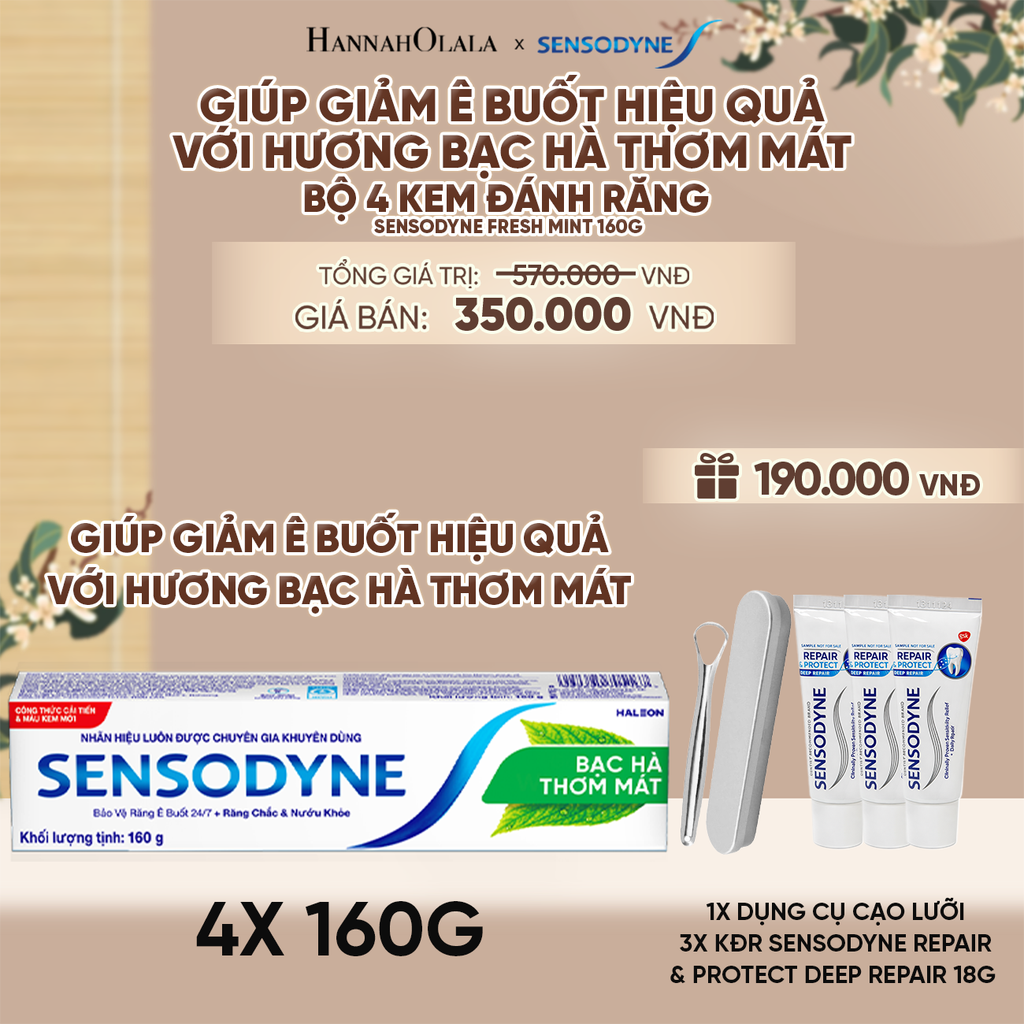  BỘ 4 KEM ĐÁNH RĂNG SENSODYNE FRESH MINT 160G GIÚP GIẢM Ê BUỐT HIỆU QUẢ VỚI HƯƠNG BẠC HÀ THƠM MÁT 