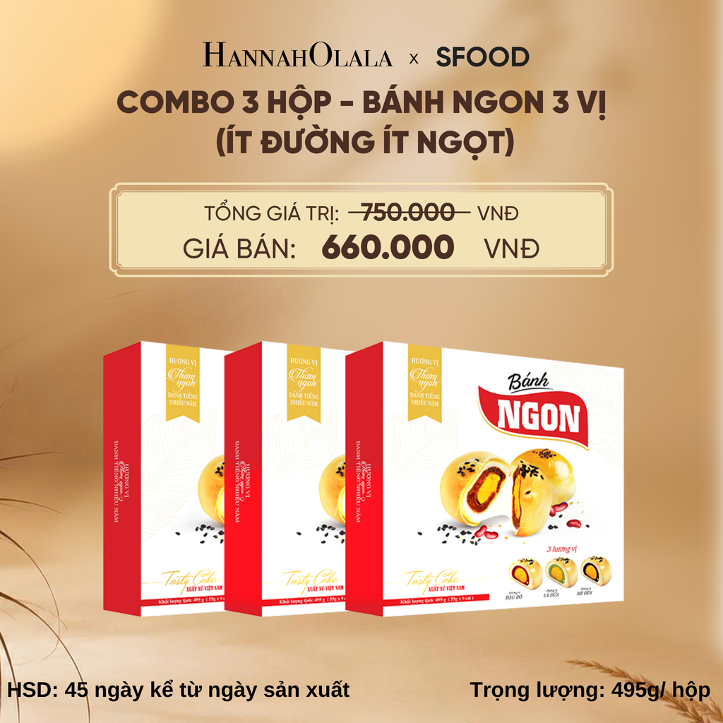  COMBO 3 HỘP - BÁNH NGON 3 VỊ (ÍT ĐƯỜNG ÍT NGỌT): ĐẬU ĐỎ - LÁ DỨA - MÈ ĐEN - E43 