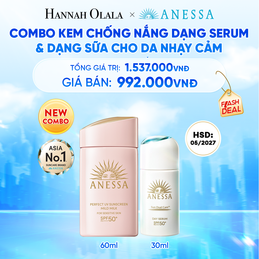  COMBO KEM CHỐNG NẮNG DẠNG SERUM & DẠNG SỮA BẢO VỆ VÀ DƯỠNG DA AN TOÀN CHO DA NHẠY CẢM ANESSA DAY SERUM 30ML + MILD MILK 60ML HSD: 24/05/2027 