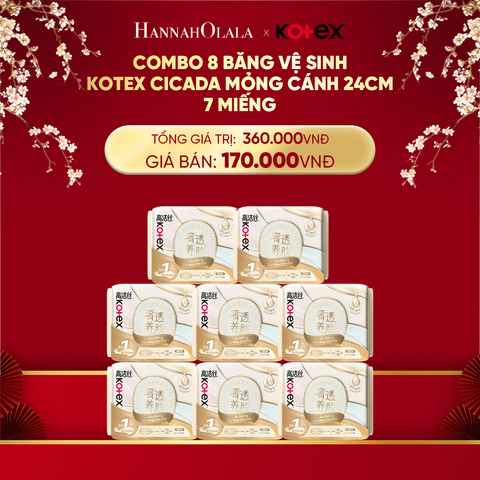  DEAL 1: COMBO 8 BĂNG VỆ SINH KOTEX CICADA MỎNG CÁNH 24CM 7 MIẾNG 