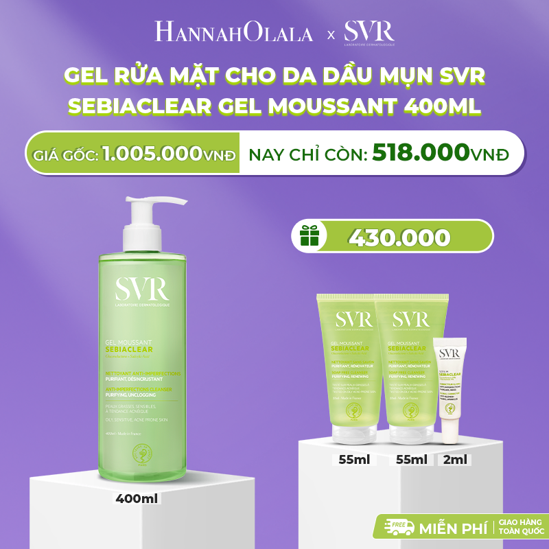  DEAL 01: GEL RỬA MẶT CHO DA DẦU MỤN, KHÔNG CHỨA XÀ PHÒNG SVR SEBIACLEAR GEL MOUSSANT 400ML 