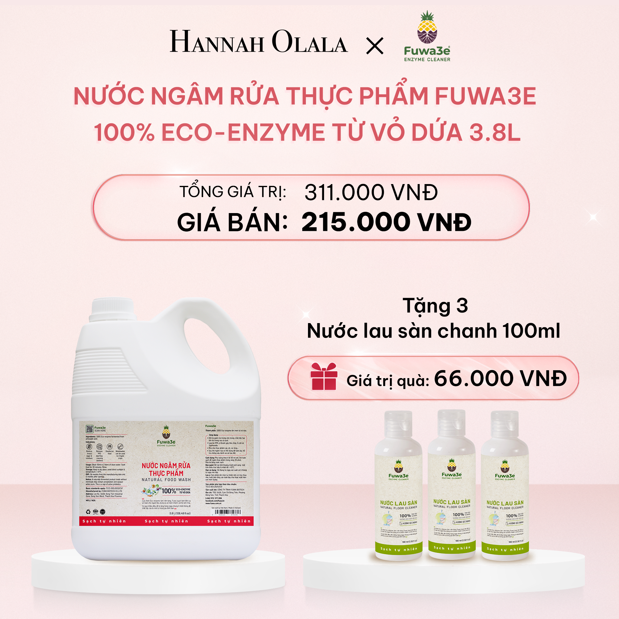  E524_DEAL 1: NƯỚC NGÂM RỬA THỰC PHẨM FUWA3E LÀM SẠCH RAU CỦ QUẢ, KHỬ MÙI CÁ THỊT 3.8L 