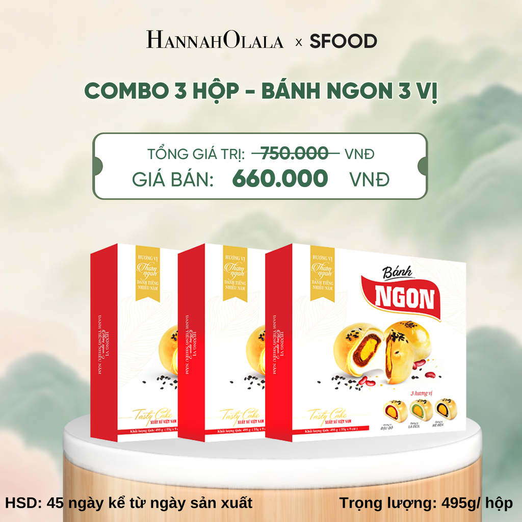  COMBO 3 HỘP BÁNH NGON 3 VỊ (ÍT ĐƯỜNG ÍT NGỌT): ĐẬU ĐỎ – LÁ DỨA – MÈ ĐEN - A1354 