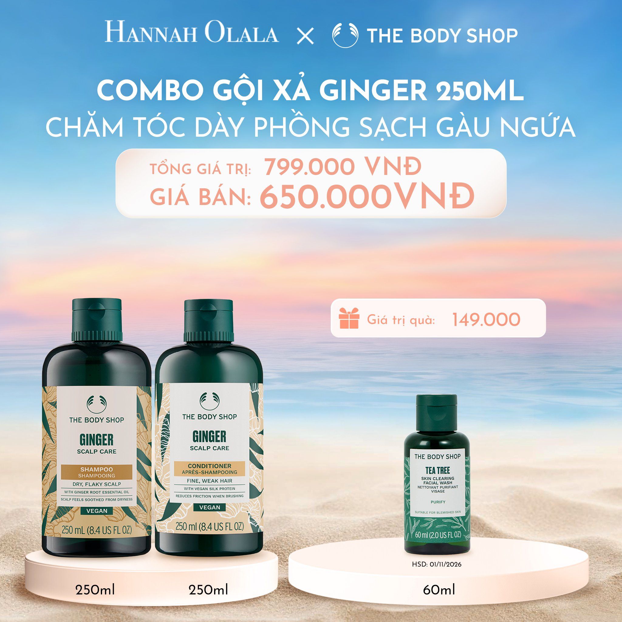  C705_DEAL 1: COMBO CHĂM TÓC DÀY PHỒNG, GIẢM GÃY RỤNG, SẠCH GÀU NGỨA GINGER 250ML - DẦU GỘI & DẦU XẢ 