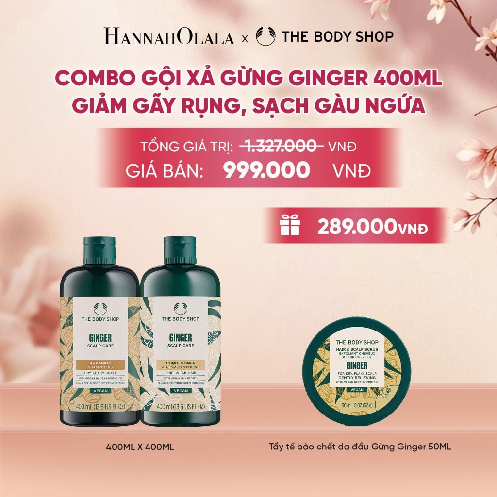  COMBO CHĂM TÓC DÀY PHỒNG, GIẢM GÃY RỤNG, SẠCH GÀU NGỨA GINGER 400ML - DẦU GỘI X DẦU XẢ 