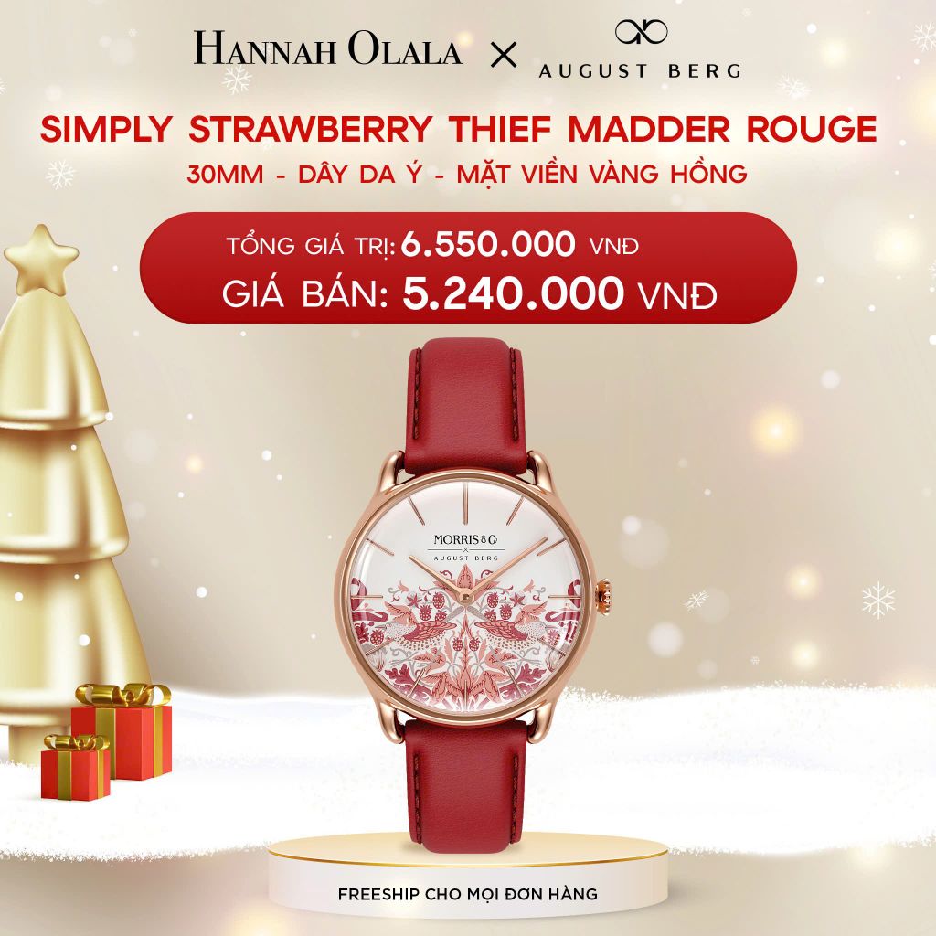  DEAL 1: ĐỒNG HỒ ĐAN MẠCH AUGUST BERG x MORRIS & CO. - MẶT SIMPLY STRAWBERRY THIEF MADDER ROUGE 30MM VIỀN VÀNG HỒNG - DÂY DA Ý 