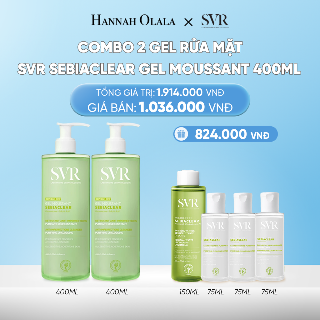  DEAL 01: COMBO 2 GEL RỬA MẶT CHO DA DẦU MỤN, KHÔNG CHỨA XÀ PHÒNG SVR SEBIACLEAR GEL MOUSSANT 400ML 