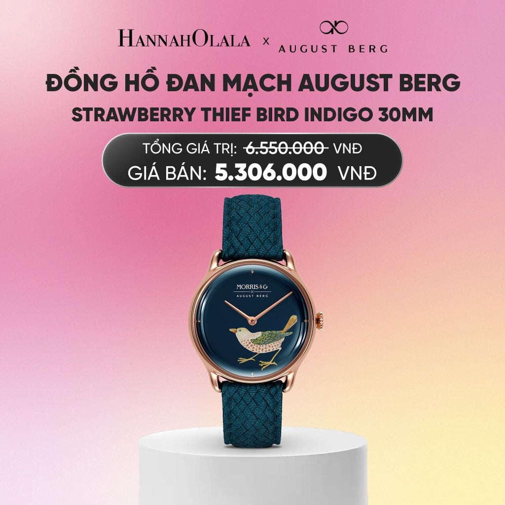  ĐỒNG HỒ ĐAN MẠCH AUGUST BERG X MORRIS & CO. - STRAWBERRY THIEF BIRD INDIGO 30MM - DÂY PERLON - VÀNG HỒNG_A2291 