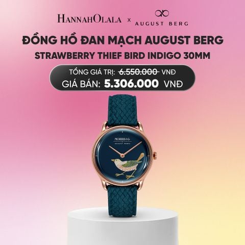  ĐỒNG HỒ ĐAN MẠCH AUGUST BERG X MORRIS & CO. - STRAWBERRY THIEF BIRD INDIGO 30MM - DÂY PERLON - VÀNG HỒNG_A2291 