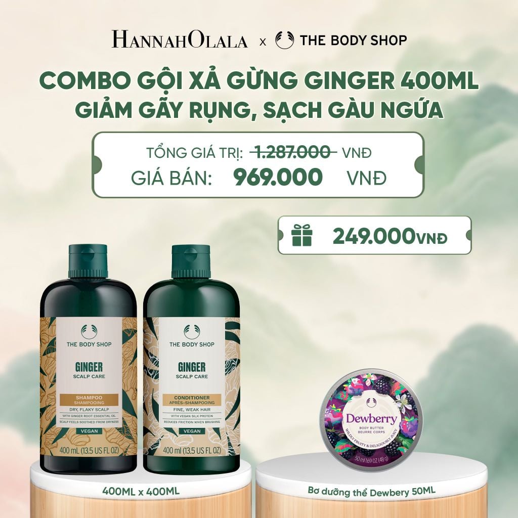  COMBO CHĂM TÓC DÀY PHỒNG, GIẢM GÃY RỤNG, SẠCH GÀU NGỨA GINGER 400ML - DẦU GỘI X DẦU XẢ - A505 