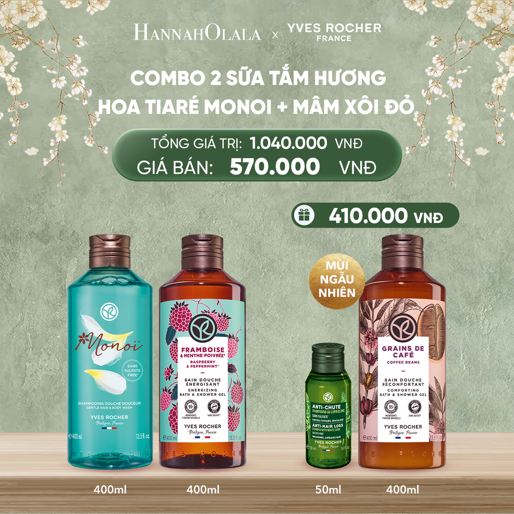  DEAL 1: COMBO 2 SỮA TẮM HƯƠNG HOA TIARÉ MONOI + MÂM XÔI ĐỎ TẶNG SỮA TẮM 400ML NGẪU NHIÊN + MINI DẦU GỘI GIẢM TÓC GÃY RỤNG 