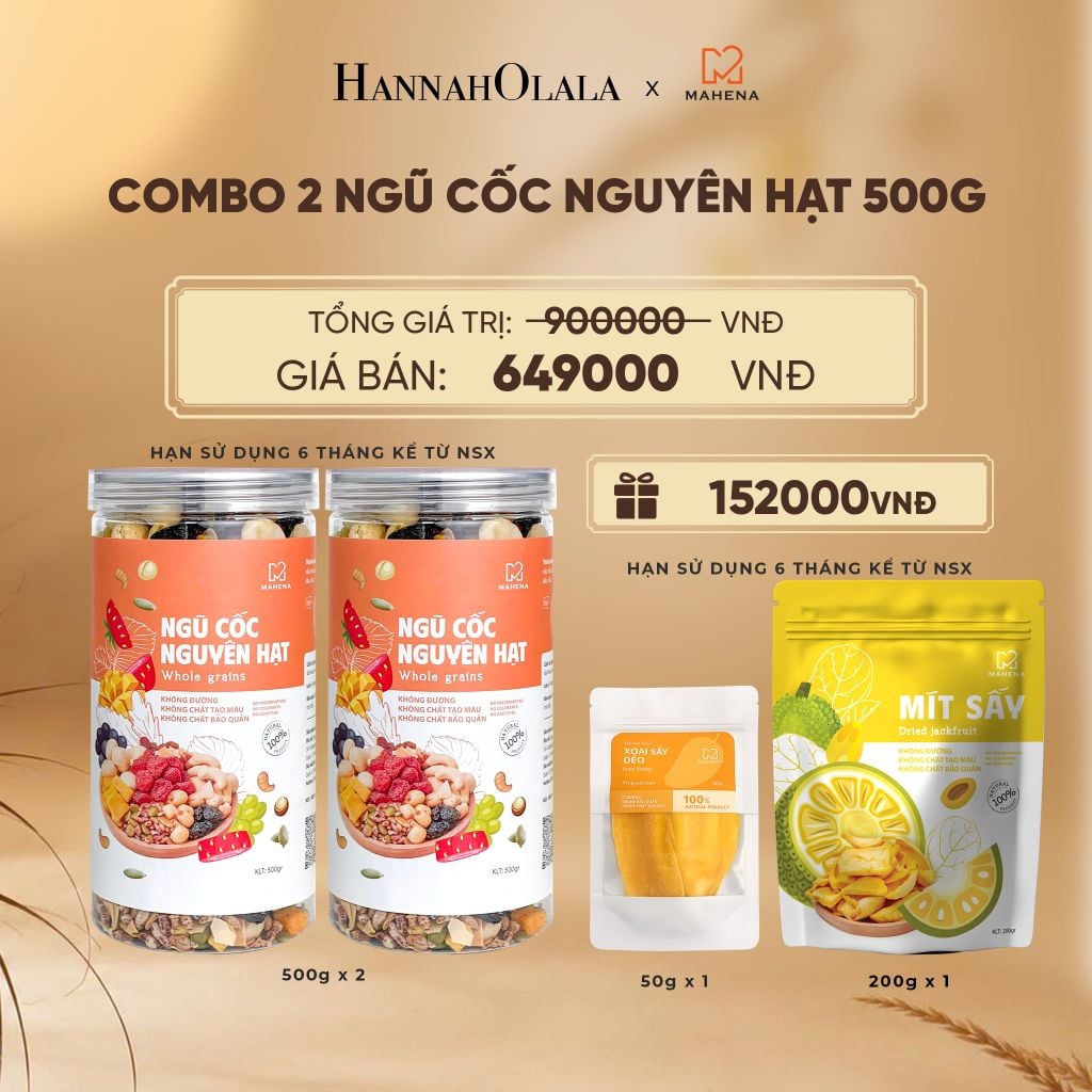  COMBO 2 NGŨ CỐC NGUYÊN HẠT 500G TẶNG 1 MÍT SẤY GIÒN 200G VÀ XOÀI SẤY DẺO 50G DEAL 1: - E134 