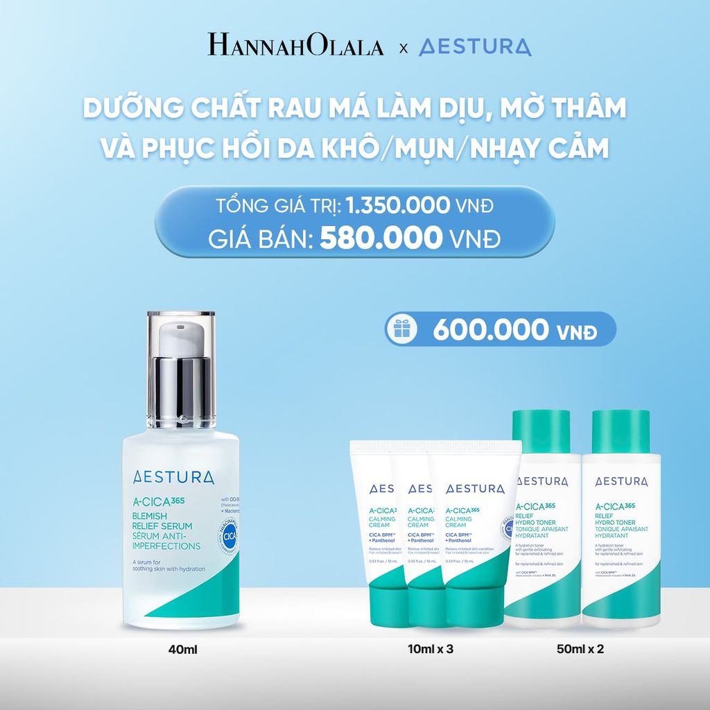  DEAL 2: DƯỠNG CHẤT RAU MÁ LÀM DỊU, MỜ THÂM VÀ PHỤC HỒI DA KHÔ/MỤN/NHẠY CẢM AESTURA A-CICA365 BLEMISH RELIEF SERUM 40ML 