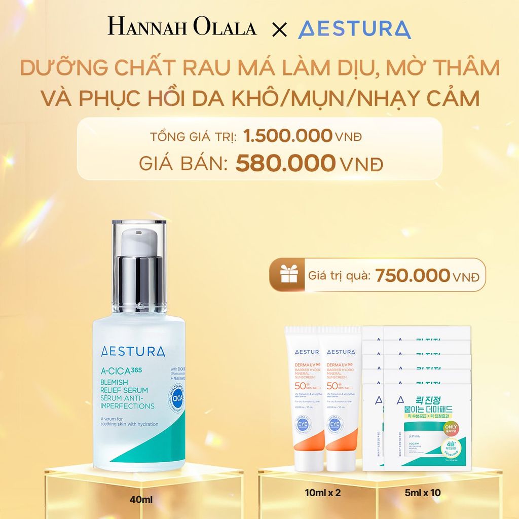 DEAL 2: DƯỠNG CHẤT RAU MÁ LÀM DỊU, MỜ THÂM VÀ PHỤC HỒI DA KHÔ/MỤN/NHẠY CẢM AESTURA A-CICA365 BLEMISH RELIEF SERUM 40ML 