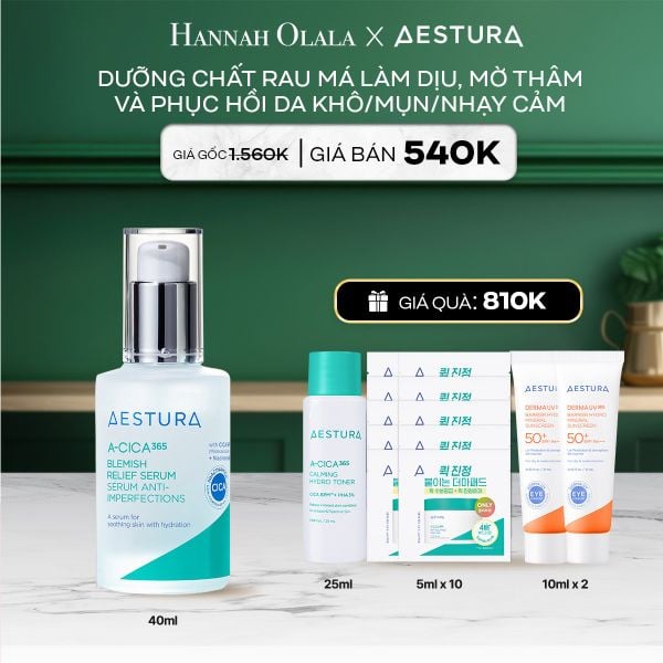  A2_DEAL 2: DƯỠNG CHẤT RAU MÁ LÀM DỊU, MỜ THÂM VÀ PHỤC HỒI DA KHÔ/MỤN/NHẠY CẢM AESTURA A-CICA365 BLEMISH RELIEF SERUM 40ML 