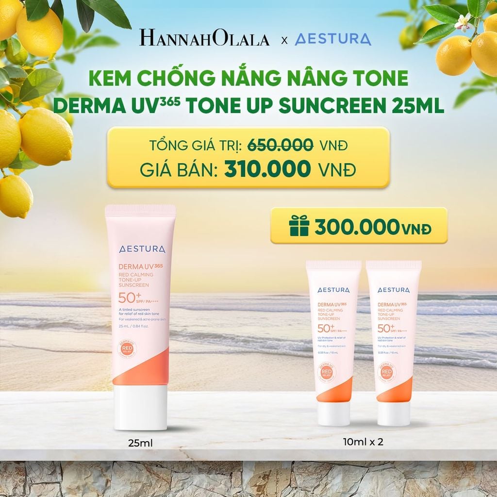  KEM CHỐNG NẮNG NÂNG TONE AESTURA DERMA UV365 RED CALMING TONE UP SUNCREEN 25ML SPF50+ PA++++ 