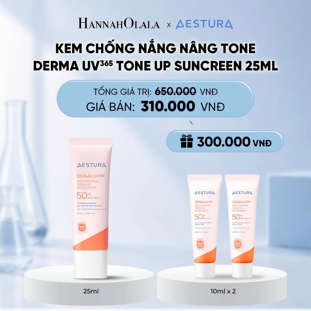  KEM CHỐNG NẮNG NÂNG TONE AESTURA DERMA UV365 RED CALMING TONE UP SUNCREEN 25ML SPF50+ PA++++ 
