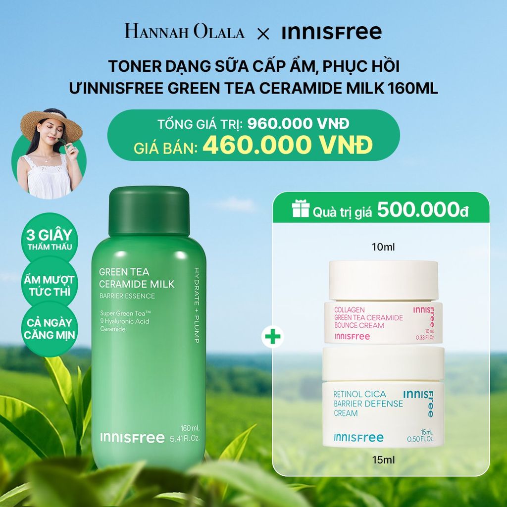  DEAL 4: TONER DẠNG SỮA CẤP ẨM, PHỤC HỒI INNISFREE GREEN TEA CERAMIDE MILK 160ML 