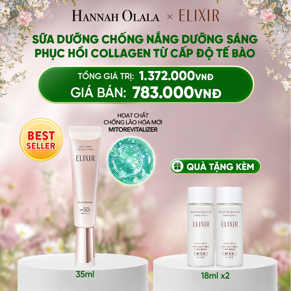  DEAL 20: [THẾ HỆ MỚI] KEM CHỐNG NẮNG DẠNG SỮA DƯỠNG SÁNG PHỤC HỒI COLLAGEN TỪ CẤP ĐỘ TẾ BÀO ELIXIR DAY CARE REVOLUTION SPF50+ 35ML 