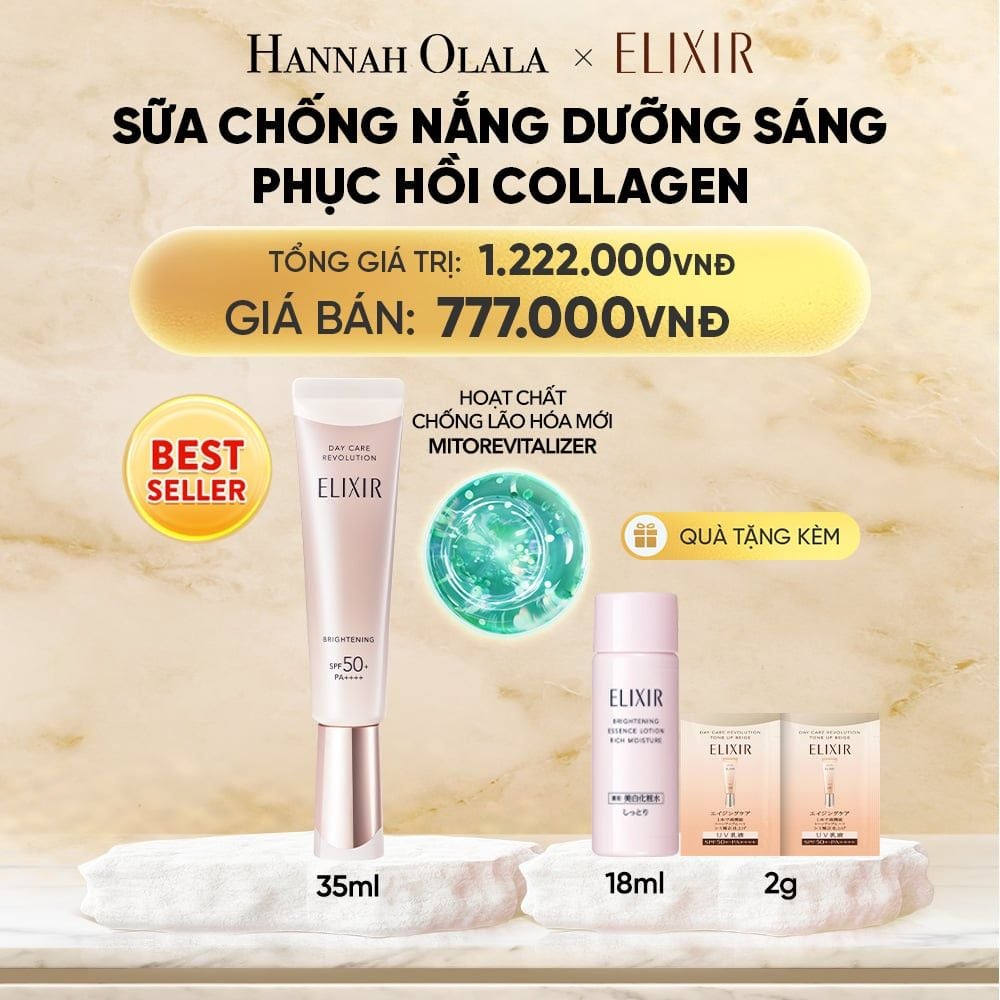  [THẾ HỆ MỚI] KEM CHỐNG NẮNG DẠNG SỮA DƯỠNG SÁNG PHỤC HỒI COLLAGEN TỪ CẤP ĐỘ TẾ BÀO ELIXIR DAY CARE REVOLUTION SPF50+ 35ML - DEAL 20 