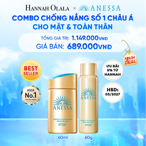  COMBO KEM CHỐNG NẮNG DẠNG SỮA DƯỠNG DA KIỀM DẦU BẢO VỆ HOÀN HẢO ANESSA GOLD MILK SPF50+ PA++++ 60ML & XỊT CHỐNG NẮNG DƯỠNG DA ĐA NĂNG TIỆN DỤNG BẢO VỆ HOÀN HẢO ANESSA GOLD SPRAY SPF50+ PA++++ 60G HSD: 23/07/2027 