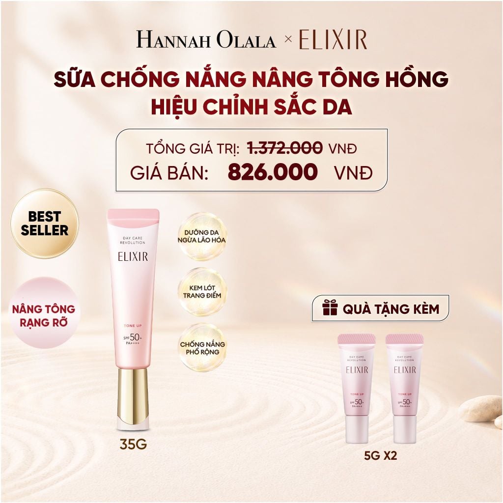  [ SẮC HỒNG BABY ] KEM CHỐNG NẮNG DẠNG SỮA NÂNG TÔNG CHO DA XỈN MÀU ELIXIR DAY CARE REVOLUTION TONE UP PINK+35G - DEAL 20 