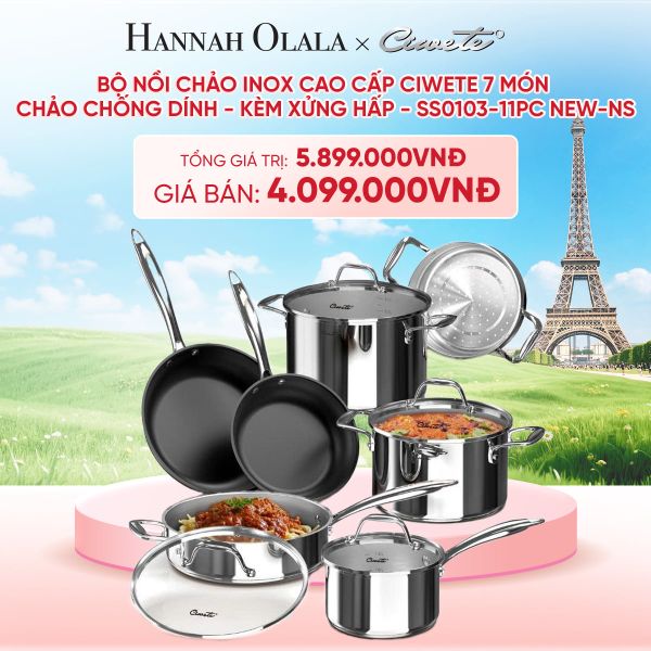  BỘ NỒI CHẢO INOX CAO CẤP CIWETE 7 MÓN - CHẢO INOX - KÈM XỬNG HẤP - SS0103-11PC NEW-SS - DEAL 20 - B36 