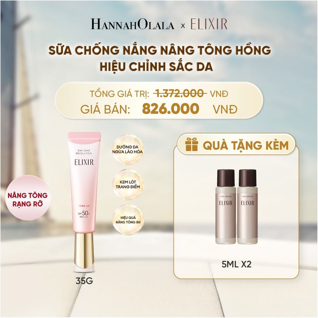  [SẮC HỒNG BABY] KEM CHỐNG NẮNG DẠNG SỮA NÂNG TÔNG CHO DA XỈN MÀU ELIXIR DAY CARE REVOLUTION TONE UP PINK+35G - DEAL 20 