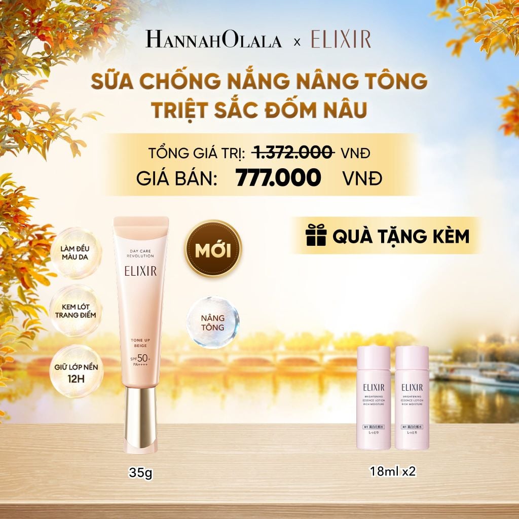  [SẮC BEIGE MỚI] KEM CHỐNG NẮNG DẠNG SỮA NÂNG TÔNG CHỐNG LÃO HÓA TRIỆT SẮC ĐỐM NÂU ELIXIR DAY CARE REVOLUTION TONE-UP PURE BEIGE 35G - DEAL21 - E143 