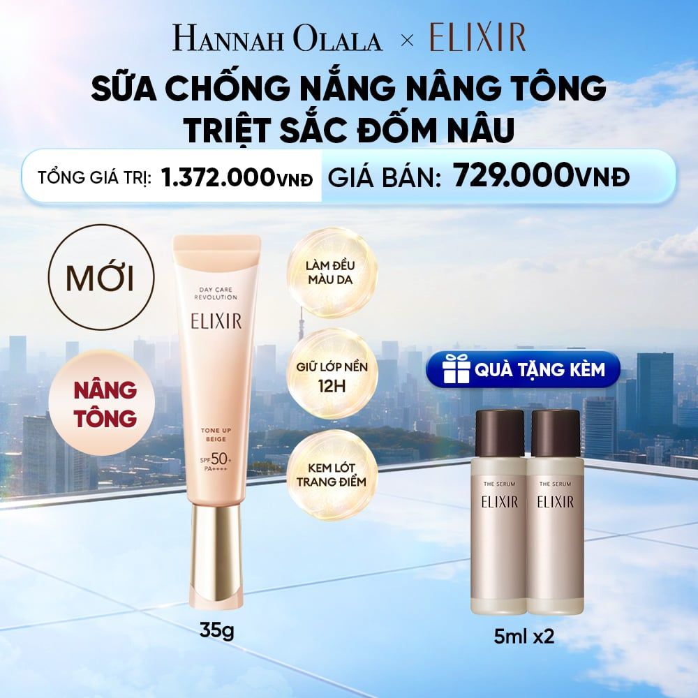  [ SẮC BEIGE MỚI ] KEM CHỐNG NẮNG DẠNG SỮA NÂNG TÔNG CHỐNG LÃO HÓA TRIỆT SẮC ĐỐM NÂU ELIXIR DAY CARE REVOLUTION TONE-UP PURE BEIGE 35G - DEAL 21 