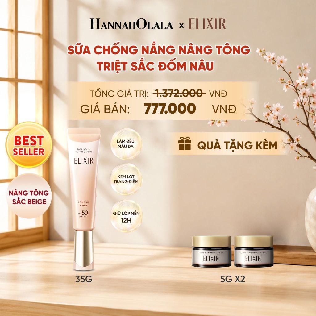  [SẮC BEIGE MỚI] KEM CHỐNG NẮNG DẠNG SỮA NÂNG TÔNG CHỐNG LÃO HÓA TRIỆT SẮC ĐỐM NÂU ELIXIR DAY CARE REVOLUTION TONE-UP PURE BEIGE 35G - DEAL 21 - B8 