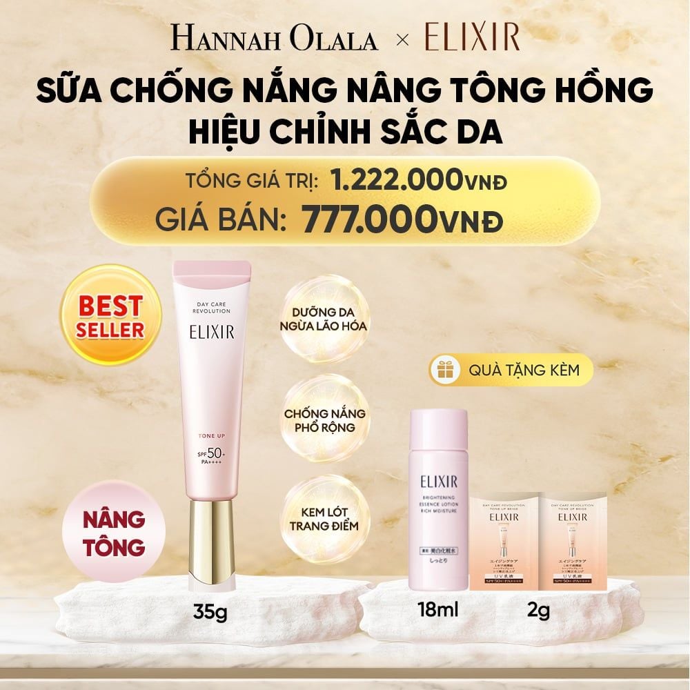  [ SẮC HỒNG BABY ] KEM CHỐNG NẮNG DẠNG SỮA NÂNG TÔNG CHO DA XỈN MÀU ELIXIR DAY CARE REVOLUTION TONE UP PINK+35G - DEAL 21 