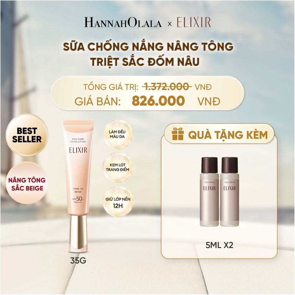  [SẮC BEIGE MỚI] KEM CHỐNG NẮNG DẠNG SỮA NÂNG TÔNG CHỐNG LÃO HÓA TRIỆT SẮC ĐỐM NÂU ELIXIR DAY CARE REVOLUTION TONE-UP PURE BEIGE 35G - DEAL 21 