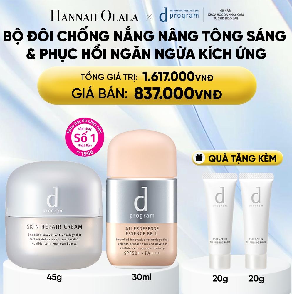  COMBO KEM DƯỠNG PHỤC HỒI DA D PROGRAM SKIN REPAIR CREAM 45G + KEM CHỐNG NẮNG TRANG ĐIỂM DẠNG TINH CHẤT DÀNH CHO DA NHẠY CẢM DPROGRAM ALLERDEFENSE ESSENCE BB TÔNG SÁNG 30ML, SPF50, PA+++ - DEAL 21 