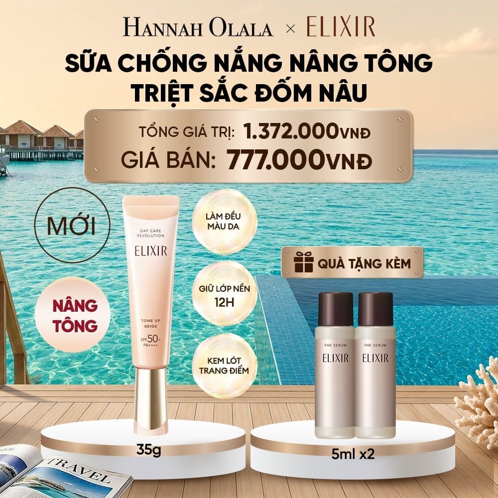  [SẮC BEIGE MỚI] KEM CHỐNG NẮNG DẠNG SỮA NÂNG TÔNG CHỐNG LÃO HÓA TRIỆT SẮC ĐỐM NÂU ELIXIR DAY CARE REVOLUTION TONE-UP PURE BEIGE 35G - DEAL 21_ D1561 