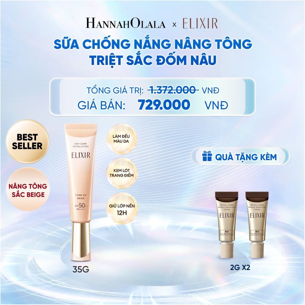  [ SẮC BEIGE MỚI ] KEM CHỐNG NẮNG DẠNG SỮA NÂNG TÔNG CHỐNG LÃO HÓA TRIỆT SẮC ĐỐM NÂU ELIXIR DAY CARE REVOLUTION TONE-UP PURE BEIGE 35G - DEAL 21 - C76 