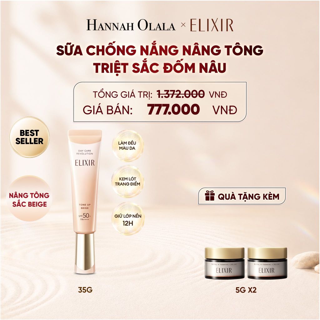  [ SẮC BEIGE MỚI ] KEM CHỐNG NẮNG DẠNG SỮA NÂNG TÔNG CHỐNG LÃO HÓA TRIỆT SẮC ĐỐM NÂU ELIXIR DAY CARE REVOLUTION TONE-UP PURE BEIGE 35G - DEAL 21 