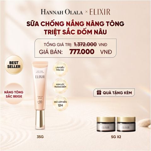  [ SẮC BEIGE MỚI ] KEM CHỐNG NẮNG DẠNG SỮA NÂNG TÔNG CHỐNG LÃO HÓA TRIỆT SẮC ĐỐM NÂU ELIXIR DAY CARE REVOLUTION TONE-UP PURE BEIGE 35G - DEAL 21 