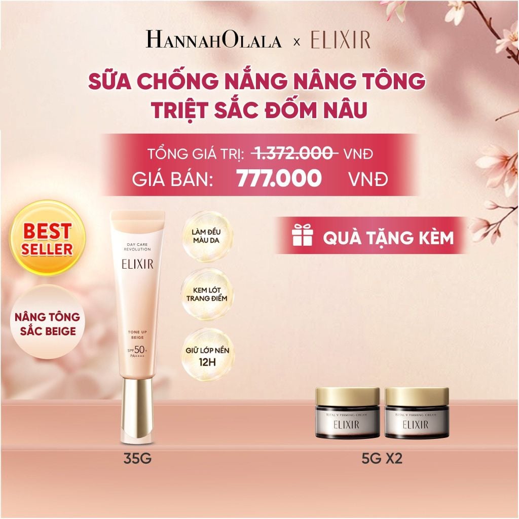  [SẮC BEIGE MỚI] KEM CHỐNG NẮNG DẠNG SỮA NÂNG TÔNG CHỐNG LÃO HÓA TRIỆT SẮC ĐỐM NÂU ELIXIR DAY CARE REVOLUTION TONE-UP PURE BEIGE 35G - DEAL 21 - A1710 