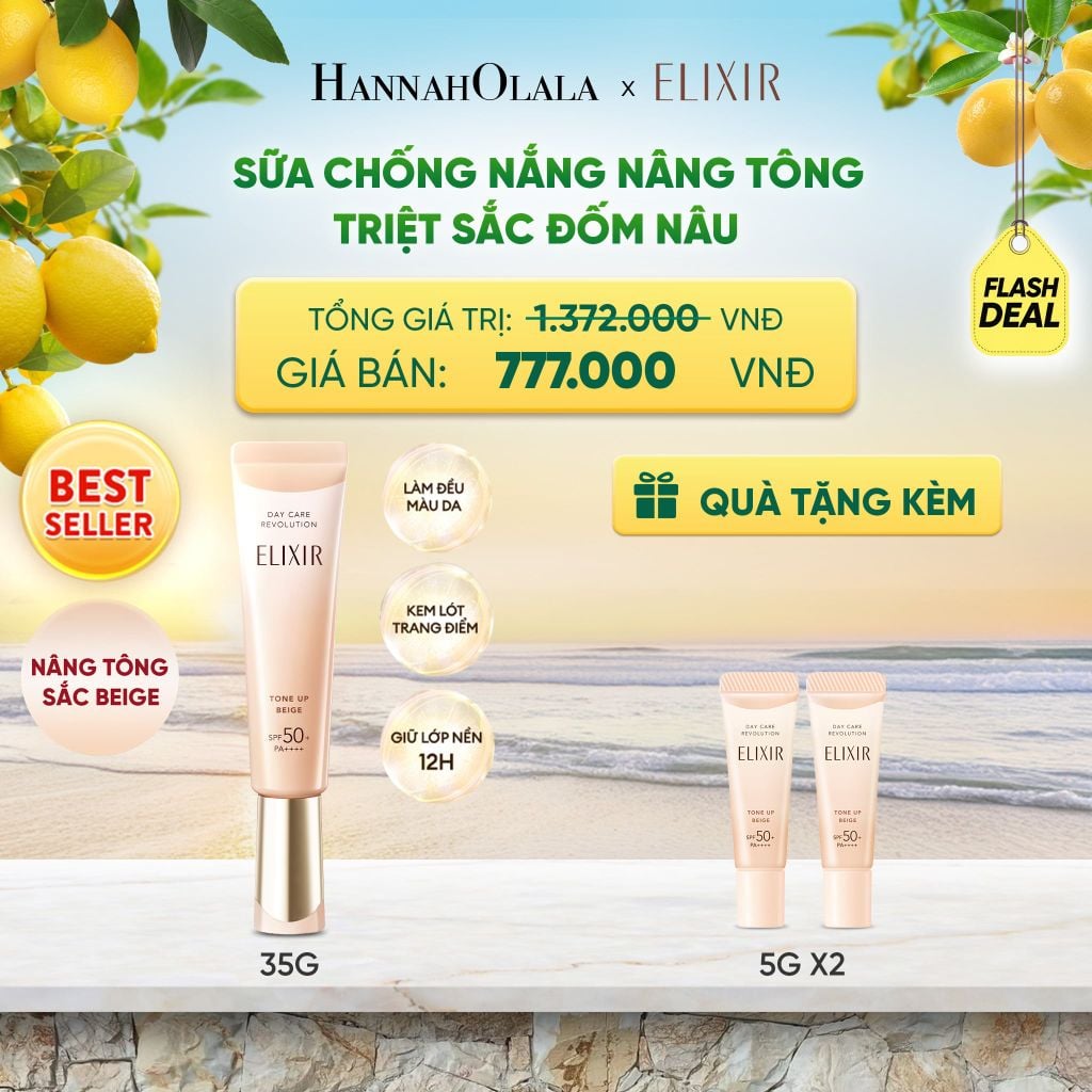  [SẮC BEIGE MỚI] KEM CHỐNG NẮNG DẠNG SỮA NÂNG TÔNG CHỐNG LÃO HÓA TRIỆT SẮC ĐỐM NÂU ELIXIR DAY CARE REVOLUTION TONE-UP PURE BEIGE 35G - DEAL 21 