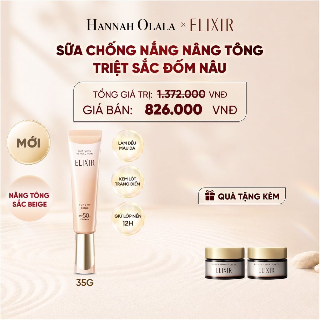 [ SẮC BEIGE MỚI ] KEM CHỐNG NẮNG DẠNG SỮA NÂNG TÔNG CHỐNG LÃO HÓA TRIỆT SẮC ĐỐM NÂU ELIXIR DAY CARE REVOLUTION TONE-UP PURE BEIGE 35G - DEAL 21 