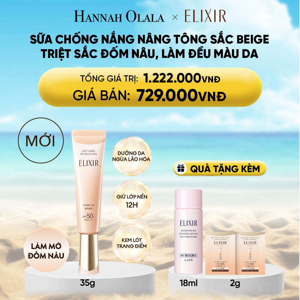  DEAL 22: [SẮC BEIGE MỚI] KEM CHỐNG NẮNG DẠNG SỮA NÂNG TÔNG CHỐNG LÃO HÓA TRIỆT SẮC ĐỐM NÂU ELIXIR DAY CARE REVOLUTION TONE-UP PURE BEIGE 35G 